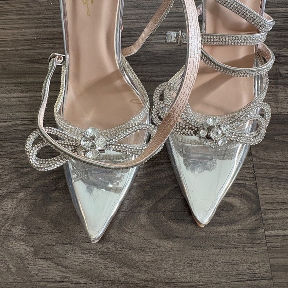 Lulu's Lullie Silver Vinyl Rhinestone Ankle Strap Pointed-Toe Pumps Heels - Picture 7 of 10